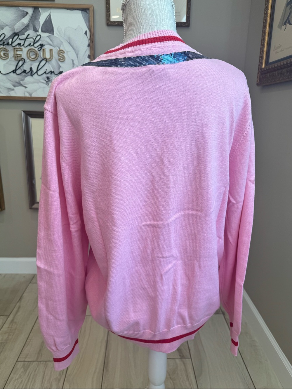 New! QUEEN OF SPARKLES Pink Sequin Medical Supply VβNeck Cardigan - Picture 7 of 10